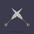 Crossed kunai throwing knives icon. Ninja weapon. Samurai equipment. Cartoon style. Clean and modern vector illustration for