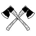 Crossed lumberjack axes isolated on white background. Design element for poster, emblem, sign, banner.
