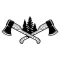 Crossed lumberjack axes with trees. Design element for logo, emblem, sign, poster, t shirt.