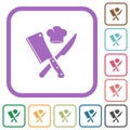 Crossed meat cleaver and knife with chef hat simple icons
