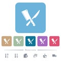 Crossed meat cleaver and knife flat icons on color rounded square backgrounds