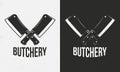 Butcher shop logo. Crossed meat cleavers on a white and black background. Grunge texture. Vector illustration