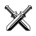 Crossed medieval swords on white background. Design element for logo, label, emblem, sign, poster, t shirt