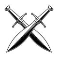 Crossed medieval swords on white background. Design element for logo, label, emblem, sign, poster, t shirt