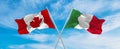 crossed national flags of Canada and Italia flag waving in the wind at cloudy sky. Symbolizing relationship, dialog, travelling