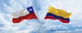 crossed national flags of Chile and Colombia flag waving in the wind at cloudy sky. Symbolizing relationship, dialog, travelling