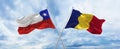 crossed national flags of Chile and romania flag waving in the wind at cloudy sky. Symbolizing relationship, dialog, travelling
