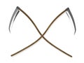 Crossed old scythes 3d rendering