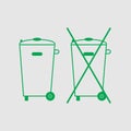 Crossed-out garbage can, sign. No trash bin icon. Container recycle. Vector illustration. Green on light grey background