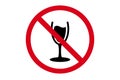 Crossed out glass icon on a red prohibition sign, No alcohol symbol isolated on a white background Royalty Free Stock Photo