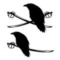Pirate saber swords and black raven bird vector design set