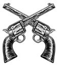 Crossed Pistol Gun Revolvers Vintage Woodcut Style
