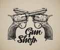 Crossed Pistols. Hand drawn sketch Gun. Vector illustration