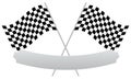 2 crossed racing flags with empty banner, plaque shape for texts Royalty Free Stock Photo