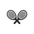 Crossed Racket And Tennis Ball Black Silhouette. Vector Illustration Isolated On White