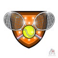 Crossed rackets with tennis ball in center of shield isolated on white. Vector sport logo isolated for any team or competition Royalty Free Stock Photo