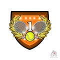 Crossed rackets with tennis ball and number one in the middle of golden wreath on the shield. Vector sport logo for any team or co Royalty Free Stock Photo