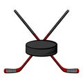 Crossed red hockey sticks and puck. Vector cartoon illustration