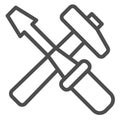 Crossed screwdriver and hammer line icon. Renovation working tools symbol, outline style pictogram on white background Royalty Free Stock Photo