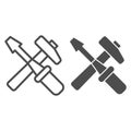 Crossed screwdriver and hammer line and solid icon. Renovation working tools symbol, outline style pictogram on white Royalty Free Stock Photo