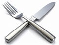 Crossed Silver Fork and Knife on a White Surface with Reflection Royalty Free Stock Photo