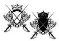 Heraldic shield with crown, rose flowers and skewer swords black vector design set Royalty Free Stock Photo