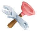 Crossed spanner and plunger tools Royalty Free Stock Photo
