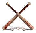 Crossed sports wooden baseball bats with balls. American national sport. Active lifestyle. Realistic vector