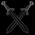 Crossed swords. Hand drawn white sketch on black background Royalty Free Stock Photo