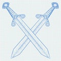 Crossed swords. Hand drawn white sketch on lined paper background Royalty Free Stock Photo