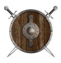 Crossed swords and wooden round shield coat of arms