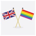 Crossed Union Jack flag and colorful Pride rainbow flag icons with shadow on off white