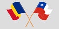 Crossed and waving flags of Chile and Romania