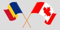 Crossed and waving flags of Romania and Canada