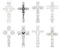 Set of artistic crosses in black, religion, fantasy, isolated.