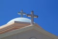 Crosses atop traditional Greek orthodox church on Greek Island Royalty Free Stock Photo