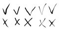 5 crosses and check marks isolated vector sketches. Yes no icons hand drawing black outline Royalty Free Stock Photo
