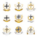 Crosses of Christianity emblems set. Heraldic design elem