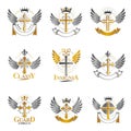 Crosses of Christianity Religion emblems set. Heraldic Coat of A