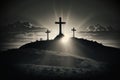 Crosses in the dark with rays of light coming through the clouds Royalty Free Stock Photo