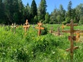 wood crosses on graves in cemetery in summer. cemetery in the green forest. grave unknown monuments on the field