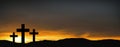 Crosses on the hill over sunset background.Religious concept of Royalty Free Stock Photo