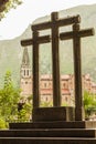 Crosses in the holy cave and secondly, Basilica in Covadonga Royalty Free Stock Photo