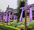 Crosses of Jesus Christ with purple cloths that symbolize easter. Concept of resurrection in Gramado - Rio Grande do Sul - Brazil