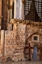 Crosses lean under an arch in the wall of the Church of the Holy Sepulcher in the Christian Quarter of the Old City of Jerusalem Royalty Free Stock Photo