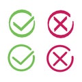 Crosses and ticks signs. Green tick and red cross, ok and crossing check mark vector icons in flat style. Yes and no symbols