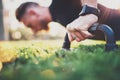 Crossfit lifestyle concept.Closeup view of male hand while doing pushups in the park on the sunny morning.Training Royalty Free Stock Photo