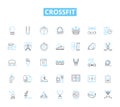 Crossfit linear icons set. WOD, Box, Reps, AMRAP, EMOM, Kipping, Intensity line vector and concept signs. Muscle-ups Royalty Free Stock Photo