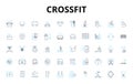 Crossfit linear icons set. WOD, Box, Reps, AMRAP, EMOM, Kipping, Intensity vector symbols and line concept signs. Muscle Royalty Free Stock Photo