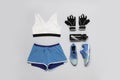 Crossfit sportwear outfit flatlay stilllife shot from above isolated on grey background Royalty Free Stock Photo